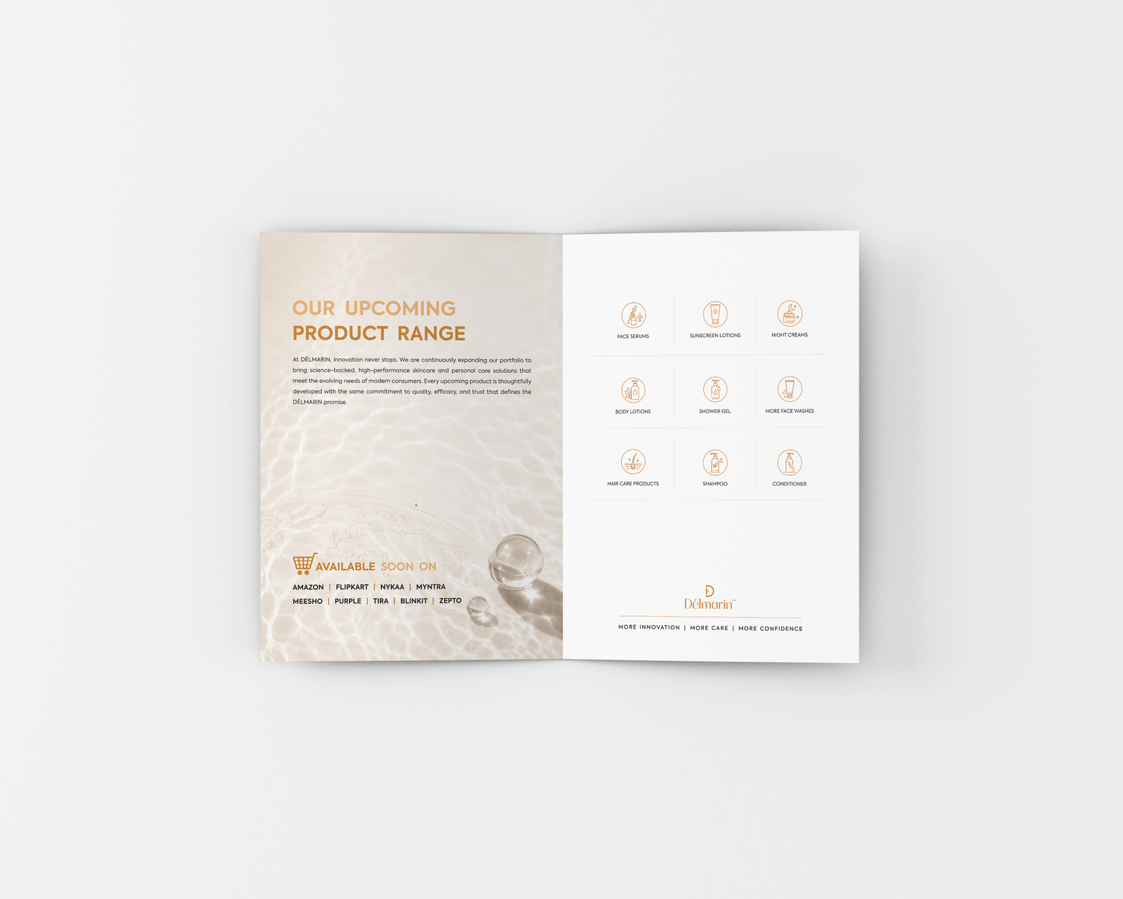 Délmarin brochure spread showing the upcoming product range